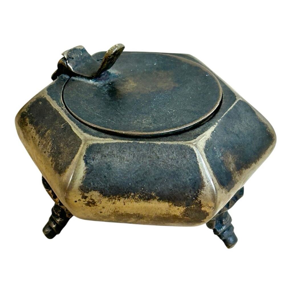 Vintage Brass Hexagonal Box with Hinged Lid spice box, inkwell, or trinket Box